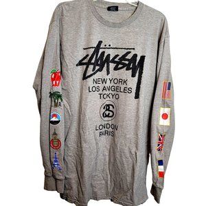 Vintage Stussy World Long Sleeves Size Large Flag Design Front and Back Gray